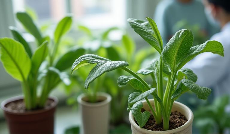 Professional horticulturist inspecting rare tropical saplings